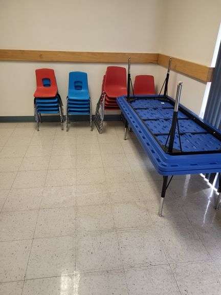 2 Student tables and 18 chairs 6' x 30" x 21 1/2" image