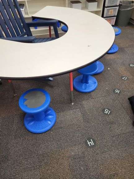 White school horseshoe table 4 blue kore stools-Rocking chair not included image