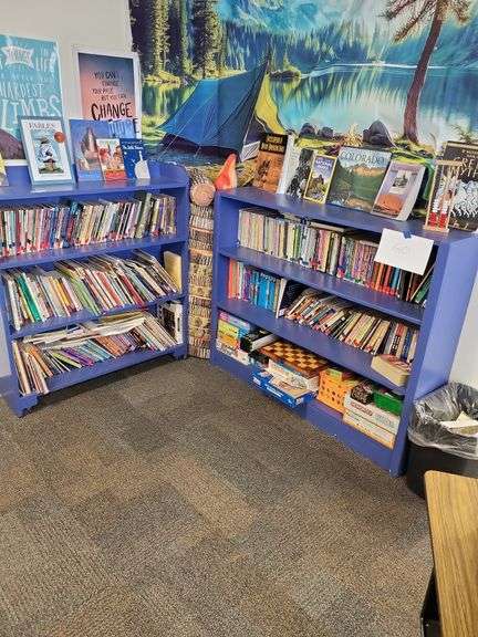 Two blue bookshelves contents not included image