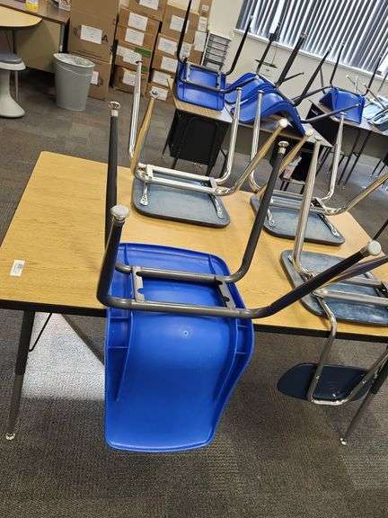 Table, 3 school desks, 7 chairs image
