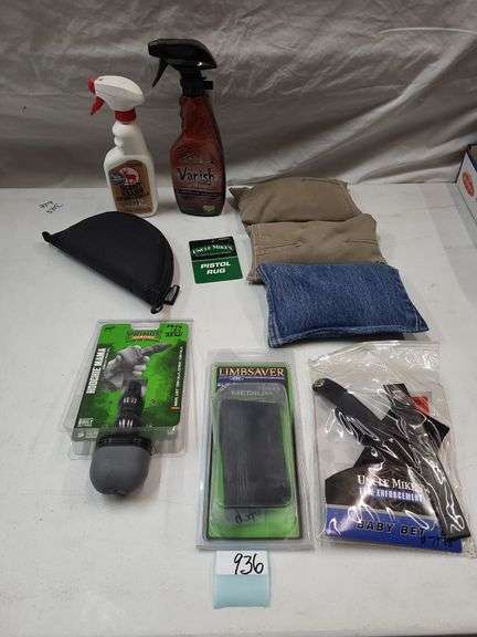 Elk call, recoil pad, baby bet holster, gun case, scent sprays, shooting rest image