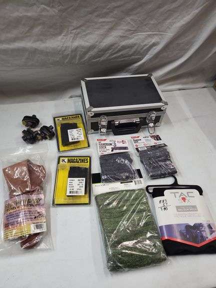 Colt AR-15 magazines, gun locks. Gun socks, leather belt holster, storage box image
