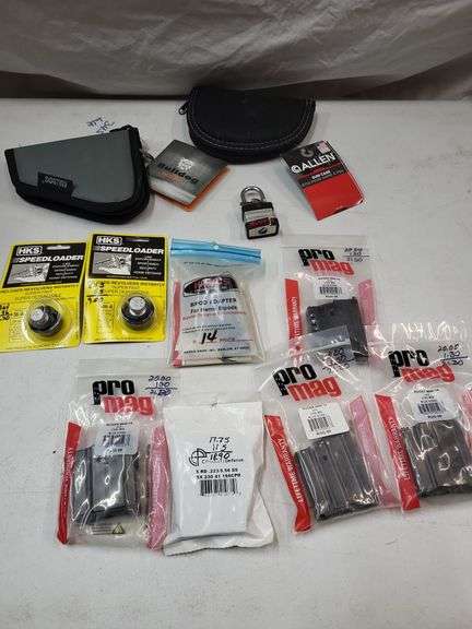 Gun magazine lot, harris bipod adapter, ruger lock, gun cases image