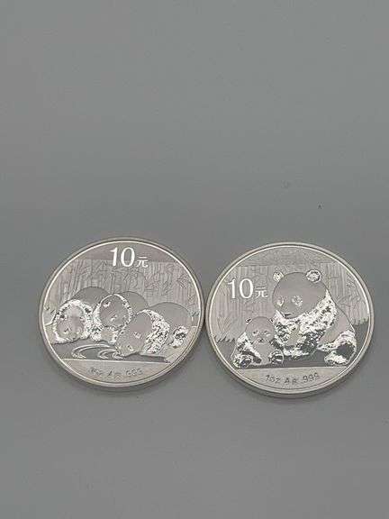 2 Chinese Panda 10 Yuan 2012 2013 1 Oz .999 Silver Rounds image