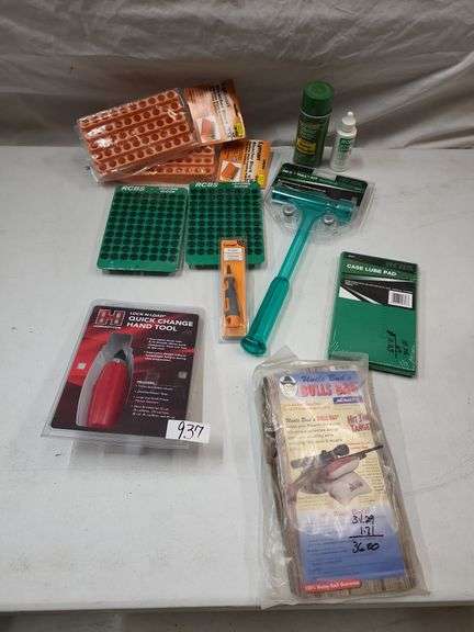 Loading blocks, bullet puller, case lube pad, quick change hand tool, fillable bull's bag, rem-Drilube, primer pocket cleaner image