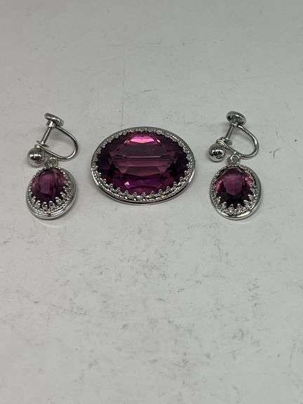 Broochs & Screw Back Back Earrings with Purple  Stones Marked Mindcraft Sterling 16.5 Grams image