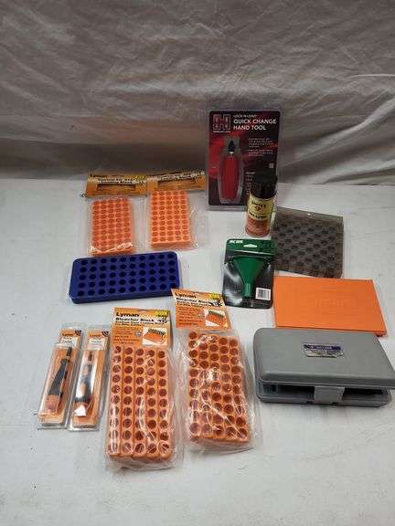 Ammo loading blocks, dri- lube, primer pocket cleaners, quick change hand tool, case lube pad, gunsmith's screwdriver kit (incomplete) funnel image