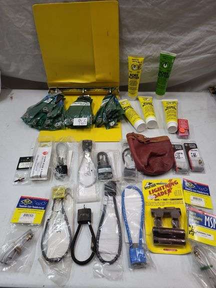 RCBS shell holder lot, gun locks, bore butter. Cleaning tube lightning loader leather bag, misc. image