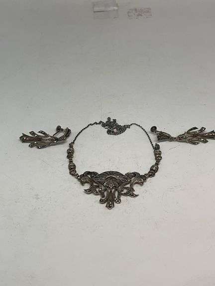 Vintage Sterling Silver Marcasite Stones Necklace & Earing Set 21.7 Grams of Silver - 17in Chain image