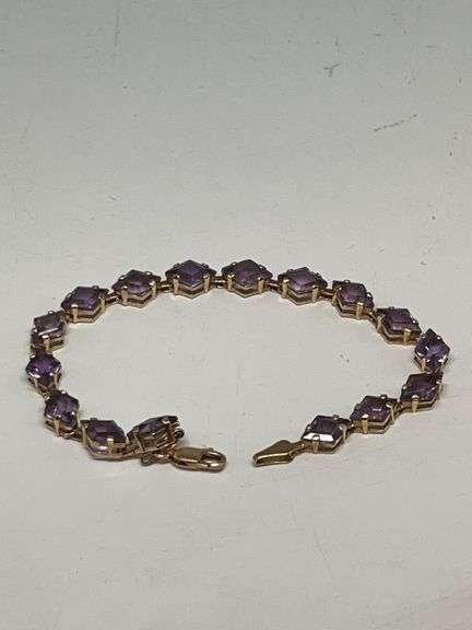 7" Bracelet 14K Gold w/ Diamond Cut Amethyst Looking Stones 7.5 Grams image