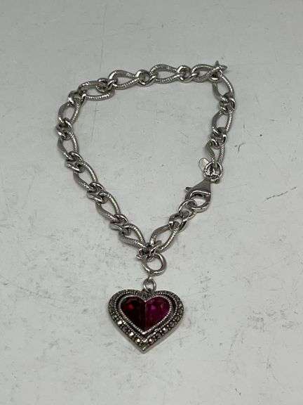 Bracelet w/ Charms Heart Shaped- Dark Pink Marked Sterling  17.5 grams Approx 7" image