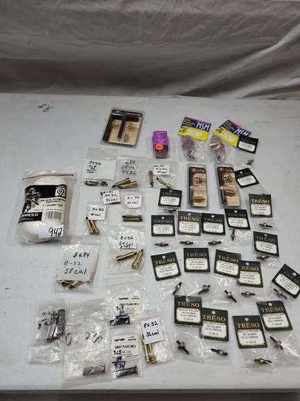 Tresco bullet puller lot, cleaning jags, cleaning tube, black powder patches rifle wedges, see photos image