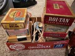 Vintage cigar cases, torch, cans, abacus, misc