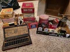Vintage cigar cases, torch, cans, abacus, misc