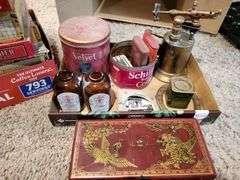 Vintage cigar cases, torch, cans, abacus, misc
