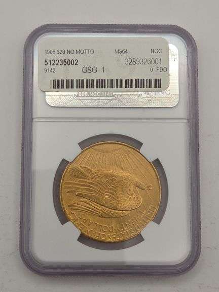 1908 No Motto St. Gaudens NGC MS 64 $20 Gold Coin