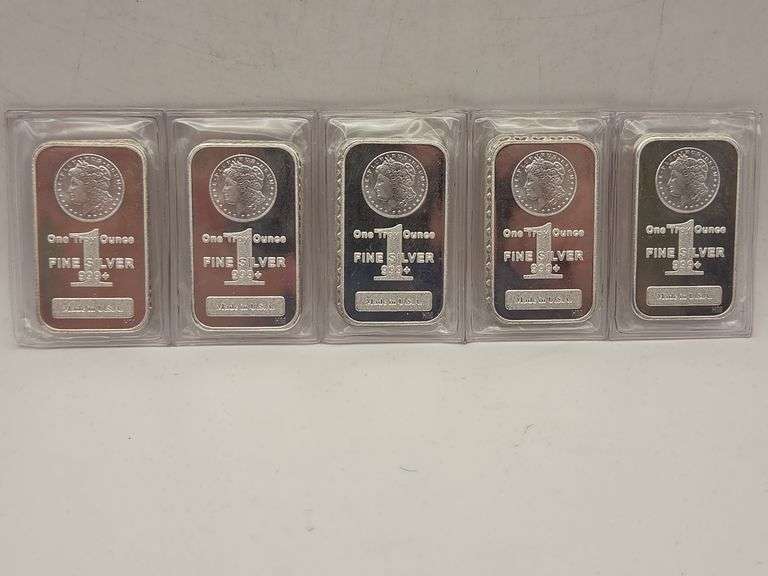 Five 1 Troy OZ Morgan Design Silver Bars .999+ Fine Silver