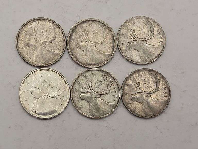 Six Silver Canadian Quarters