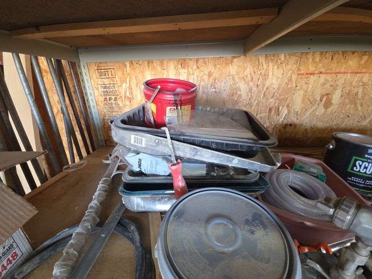 Shelf w/ Painting supplies, Paint Sprayers Etc