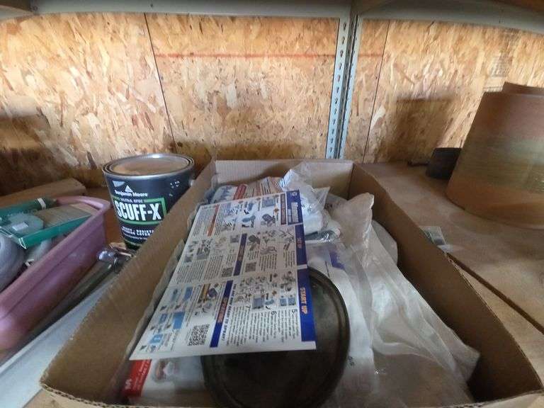Shelf w/ Painting supplies, Paint Sprayers Etc