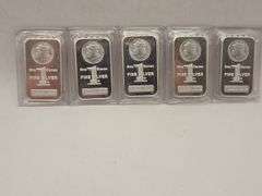 Five 1 Troy OZ Morgan Design Silver Bars .999+ Fine Silver