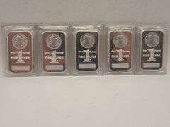 Five 1 Troy OZ Morgan Design Silver Bars .999+ Fine Silver