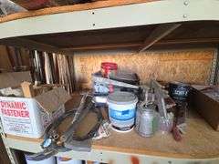 Shelf w/ Painting supplies, Paint Sprayers Etc