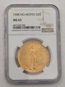 1908 No Motto St. Gaudens NGC MS 63 $20 Gold Coin