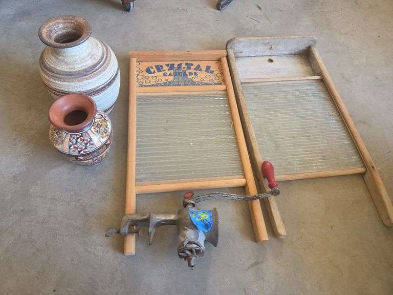 2 Vintage Washboads, Meat Grinder & 2 Vases image