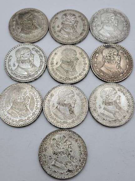 10 MEXICO UN PESO ESTADOS UNIDOS MEXICAN SILVER COINS, Dates vary image