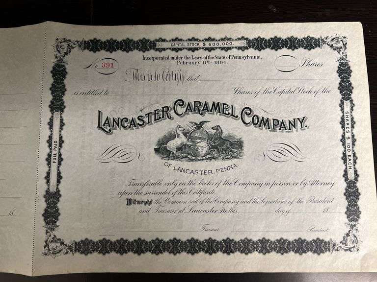1894 Lancaster Carmel Company Stock Certificate image