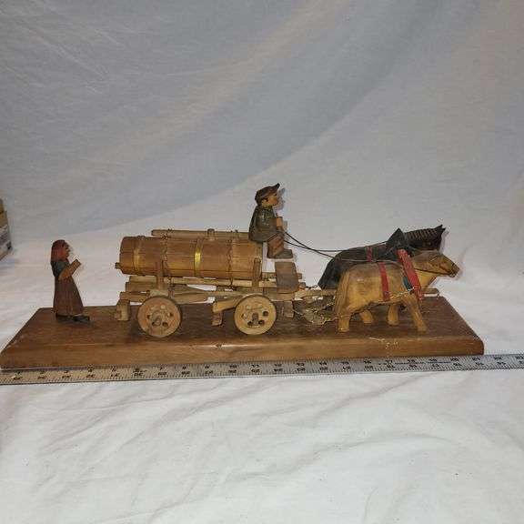 Hand Carved Wooden Horse Drawn Wagon image