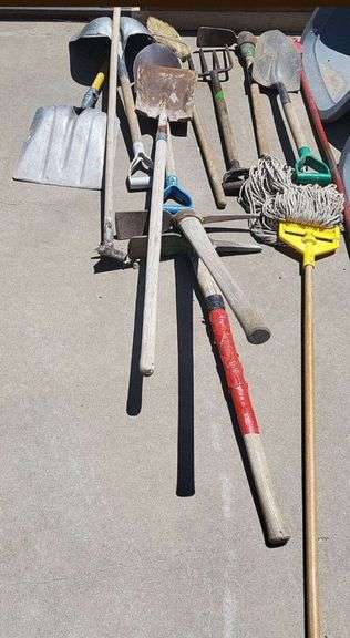 Assorted Lot of Shovels, Rakes and Garden Tools