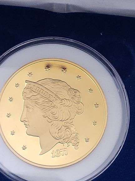 1877 Proof $50 Dollar TRIBUTE MEDAL 24K GOLD PLATED 2" DIAMETER image