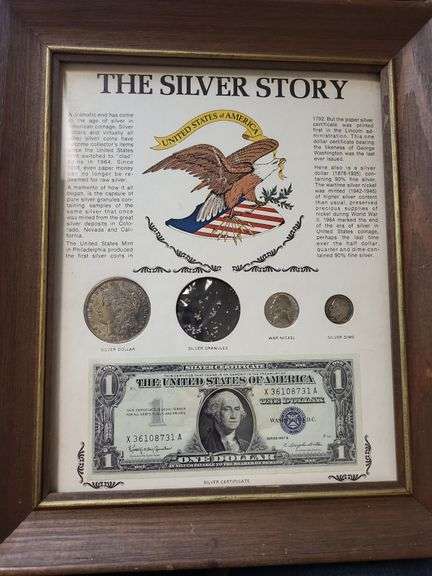 The Silver Story wood framed-silver coins, silver granules and silver certificate image