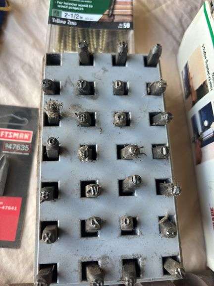 Misc lot, spray gun, metal stamps, bits, screws, etc