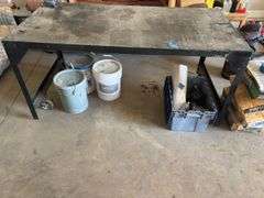 Approx 6’x3’ metal work bench on casters. 3” vice