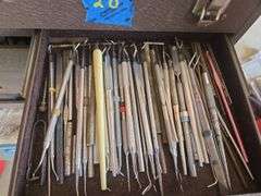 Tool Box w/ Various Tools Calipers, Punches, Dental Tools Etc