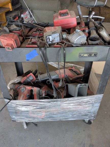 Husky rolling cart with mis. Hilti drills batteries sawzall and hammer drills with chargers with 2 pipe cutters image
