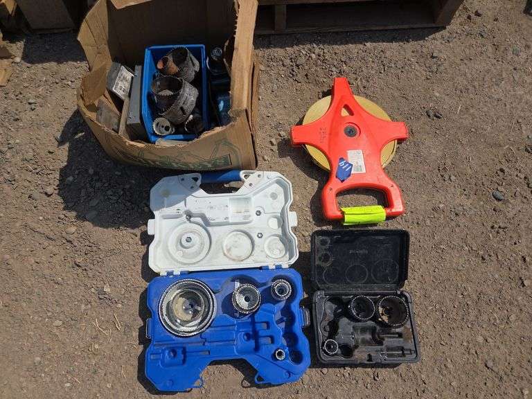 Lot w/ Hole Saw Bits, 300' Tape Mesure, & Misc Drill Bits image