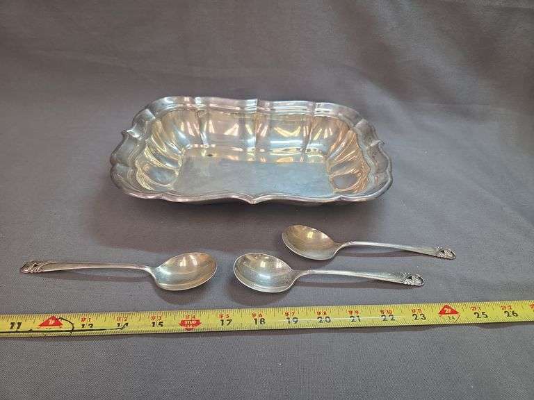 3 Sterling Silver Spoons & Sterling Silver Platter image