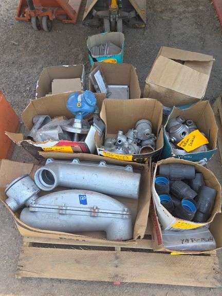 Pallet w/ Various Burndy Wire Connectors, 2" PVC Coated Couplings, Various Conduit Outlet Bodies,Hoffman Enclosures, Cable Tray Splice Plates, ETC image