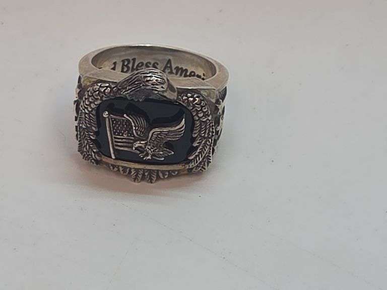 Men's Eagle Ring Marked .925 Engraved God Bless America Size 11 16.7 grams image