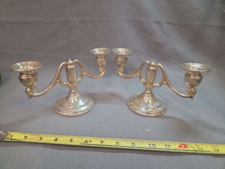 Two Sterling Silver Reinforced w/ Cement Stamped 357 Candle Holders image