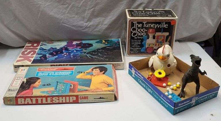 Lot of Assorted Games and Toys: Risk, Battleship, Tuneville Choo-Choo, and Dinosaur Toy image