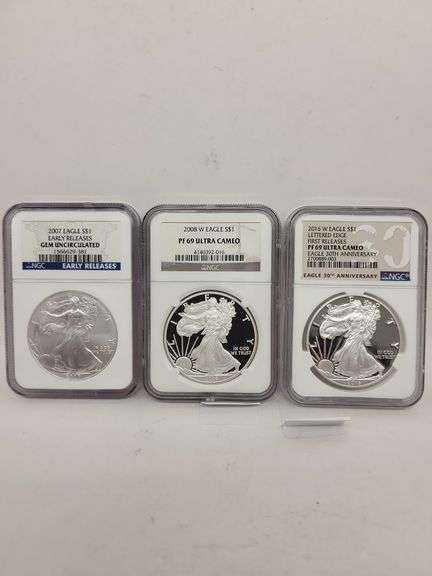 3 misc date USA Silver Eagle walking liberty GEM UNCIRCULATED, PF69 ULTRA CAMEO 1oz silver coins image