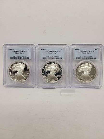 3 USA Silver Eagle walking liberty 1oz silver coin, misc dates PCGS PR69 DCAM image