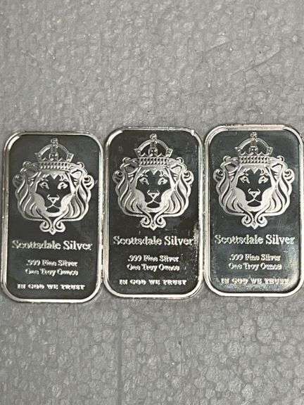 3 One Troy Ounce Scottsdale Silver Bars .999 Fine Silver image