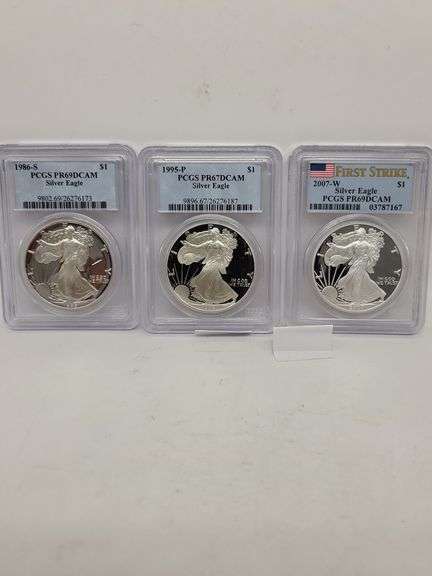3 misc date USA Silver Eagle walking liberty PCGS PCGS 67,69 1oz silver coin image