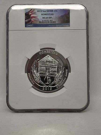 Large 2015 5oz Silver 25c Homestead NGC MS 69 DPL image